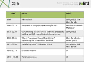 Time	 Details	 Who?	
09.00	 IntroducEon	 Jenny	Maud	and	
Chris	Bartels	
09.05-09.10	 InnovaEon	in	postgraduate	training	fo...