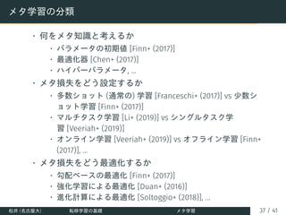 メタ学習の分類
• 何をメタ知識と考えるか
• パラメータの初期値 [Finn+ (2017)]
• 最適化器 [Chen+ (2017)]
• ハイパーパラメータ, ...
• メタ損失をどう設定するか
• 多数ショット (通常の) 学習 [Franceschi+ (2017)] vs 少数シ
ョット学習 [Finn+ (2017)]
• マルチタスク学習 [Li+ (2019)] vs シングルタスク学
習 [Veeriah+ (2019)]
• オンライン学習 [Veeriah+ (2019)] vs オフライン学習 [Finn+
(2017)], ...
• メタ損失をどう最適化するか
• 勾配ベースの最適化 [Finn+ (2017)]
• 強化学習による最適化 [Duan+ (2016)]
• 進化計算による最適化 [Soltoggio+ (2018)], ...
松井 (名古屋大) 転移学習の基礎 メタ学習 37 / 41
 