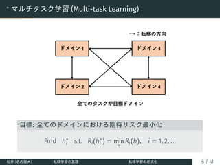 ∗
マルチタスク学習 (Multi-task Learning)
目標: 全てのドメインにおける期待リスク最小化
Find h∗
i s.t. Ri(h∗
i ) = min
h
Ri(h), i = 1, 2, ...
松井 (名古屋大) 転移学習の基礎 転移学習の定式化 6 / 41
 
