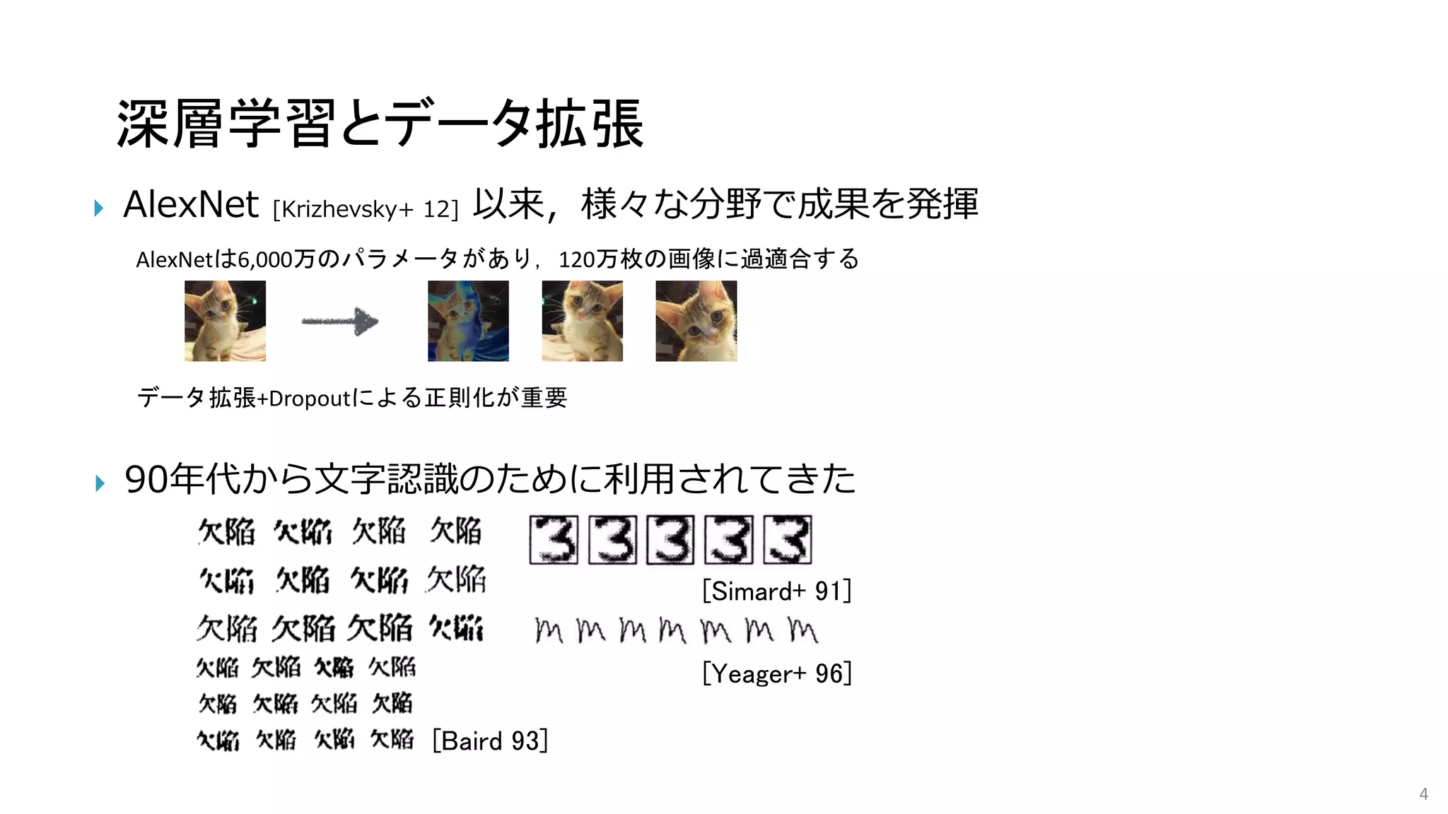  AlexNet [Krizhevsky+ 12] 以来，様々な分野で成果を発揮
4
深層学習とデータ拡張
[Baird 93]
[Yeager+ 96]
[Simard+ 91]
 90年代から文字認識のために利用されてきた
AlexNetは6,000万のパラメータがあり，120万枚の画像に過適合する
データ拡張+Dropoutによる正則化が重要
 