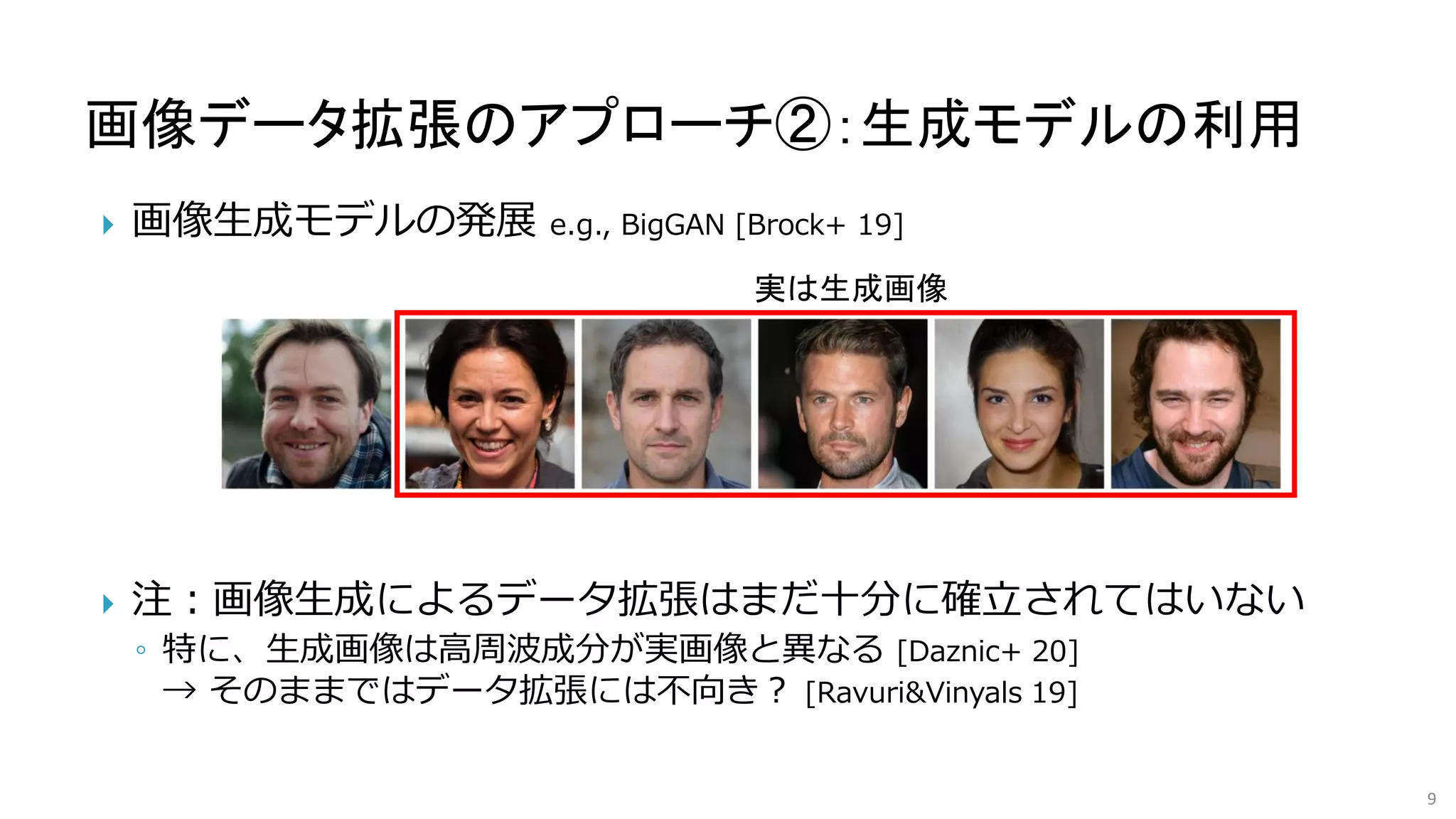 画像データ拡張のアプローチ②：生成モデルの利用
9
 画像生成モデルの発展 e.g., BigGAN [Brock+ 19]
実は生成画像
 注：画像生成によるデータ拡張はまだ十分に確立されてはいない
◦ 特に、生成画像は高周波成分が実画像と異なる [Daznic+ 20]
→ そのままではデータ拡張には不向き？ [Ravuri&Vinyals 19]
 