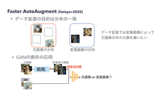 Faster AutoAugment [Hataya+2020]
• データ拡張の目的は分布の一致
7
元画像の分布 変換画像の分布
データ拡張では変換画像によって
元画像分布の欠損を補いたい
• GANの損失の応用
戦略
元画像 変換後の画像...