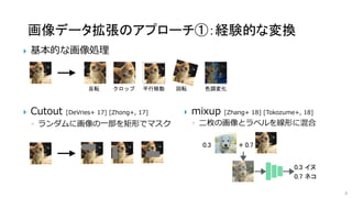 画像データ拡張のアプローチ①：経験的な変換
8
 基本的な画像処理
0.7 ネコ
0.3 + 0.7
0.3 イヌ
反転 クロップ 平行移動 回転 色調変化
 mixup [Zhang+ 18] [Tokozume+, 18]
◦ 二枚の画...