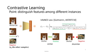 Contrastive Learning
Point: distinguish features among different instances
9
SSII2021
Representation
Positive (𝒙+
)
Negative
(𝐱𝐣, 𝒕𝒉𝒆 𝒐𝒕𝒉𝒆𝒓 𝒔𝒂𝒎𝒑𝒍𝒆𝒔)
Anchor (𝒙)
Positive
Anchor Negative
Anchor
similar dissimilar
InfoNCE Loss [Gutmann+, AISTATS’10]
 