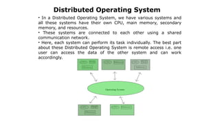 Distributed Operating System
• In a Distributed Operating System, we have various systems and
all these systems have their own CPU, main memory, secondary
memory, and resources.
• These systems are connected to each other using a shared
communication network.
• Here, each system can perform its task individually. The best part
about these Distributed Operating System is remote access i.e. one
user can access the data of the other system and can work
accordingly.
 