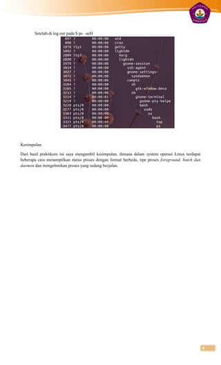 Setelah di log out pada $ ps –aeH




Kesimpulan

Dari hasil praktikum ini saya mengambil kesimpulan, dimana dalam system operasi Linux terdapat
beberapa cara menampilkan status proses dengan format berbeda, tipe proses foreground, batch dan
daemon dan mengehntikan proses yang sedang berjalan.




                                                                                                   9
 