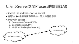 Client-Server之間Process的傳遞(1/3)
• Socket：ip address+port=a socket
• 使用Socket是較底層有效率的，只允許傳遞字串
• 3 ways in socket：
1. Connection-Oriented(TCP)
2. Connectionless(UDP)
3. Multicast Socket(like broacast)
192.168.10.1:8080
192.168.10.1:80
3
 