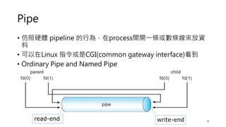 Pipe
• 仿照硬體 pipeline 的行為，在process間開一條或數條線來放資
料
• 可以在Linux 指令或是CGI(common gateway interface)看到
• Ordinary Pipe and Named Pipe
6
read-end write-end
 