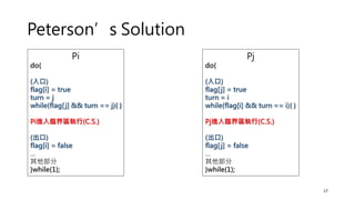 Peterson’s Solution
17
Pi
do{
(入口)
flag[i] = true
turn = j
while(flag[j] && turn == j){ }
Pi進入臨界區執行(C.S.)
(出口)
flag[i] = false
…
其他部分
}while(1);
Pj
do{
(入口)
flag[j] = true
turn = i
while(flag[i] && turn == i){ }
Pj進入臨界區執行(C.S.)
(出口)
flag[j] = false
…
其他部分
}while(1);
 