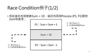Race Condition例子(1/2)
• 假設當前有個變數Sum = 10，當前有兩個Process (P1, P2)要對
Sum做處理…
4
P1：Sum = Sum + 1
P2：Sum = Sum - 1
Sum = 10
 執行Sum-1
 P2將結果傳回Sum
 執行Sum+1
 P1將結果傳回Sum
 
