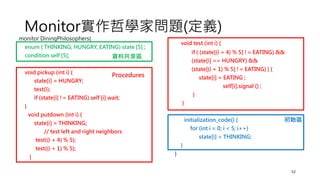 Monitor實作哲學家問題(定義)
52
monitor DiningPhilosophers{
enum { THINKING; HUNGRY, EATING) state [5] ;
condition self [5];
void pickup (int i) {
state[i] = HUNGRY;
test(i);
if (state[i] != EATING) self [i].wait;
}
void putdown (int i) {
state[i] = THINKING;
// test left and right neighbors
test((i + 4) % 5);
test((i + 1) % 5);
}
void test (int i) {
if ( (state[(i + 4) % 5] != EATING) &&
(state[i] == HUNGRY) &&
(state[(i + 1) % 5] != EATING) ) {
state[i] = EATING ;
self[i].signal () ;
}
}
initialization_code() {
for (int i = 0; i < 5; i++)
state[i] = THINKING;
}
}
資料共享區
Procedures
初始區
 