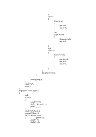}
                                       if(a>1)
                                       {
                                                 if(opr.st>a)
                                                 {
                                                         opr.st=a;
                                                         opr.ps=k;
                                                 }
                                                 else
                                                 if(opr.st==a)
                                                 {
                                                         if(opr.pos>ch)
                                                         opr.ps=k;
                                                 }
                                       }
                                       else
                                       if(a==1)
                                       {
                                              if(opr.pos>nk)
                                              {
                                                      opr.pos=nk;
                                                      opr.ps=k;
                                                      opr.st=a;
                                              }
                                       }
                              }
                              p[(opr.ps)]=re[i];
                      }
               }
               display(no,p,i);
       }
       printf("n");
       getch();
}
display(int no,int p[],int i)
{
       int k;
       if(i==1)
       {
                printf("ttt");
                for(k=1;k<=no;k++)
                printf("_ _");
       }
       printf("n%d",re[i]);
       gotoxy(25,line++);
       for(k=1;k<=no;k++)
       {                printf("|");
                printf("_");
                if(p[k]!=-1)
 
