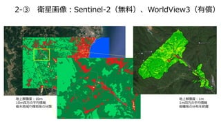 2-③ 衛星画像：Sentinel-2（無料）、WorldView3（有償）
地上解像度：10ⅿ
10ⅿ四方の平均情報
樹木地域や裸地等の分類
地上解像度：1ⅿ
1ⅿ四方の平均情報
樹種等の分布を把握
 