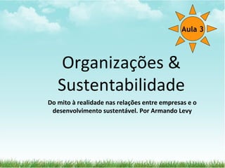 Aula 3



   Organizações &
   Sustentabilidade
Do mito à realidade nas relações entre empresas e o
 desenvolvimento sustentável. Por Armando Levy
 
