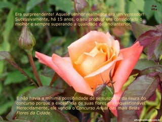 Era surpreendente! Aquele senhor realmente era um vencedor!
Sucessivamente, há 15 anos, o seu produto era considerado o
melhor e sempre superando a qualidade de ano anterior.
E não havia a mínima possibilidade de se suspeitar da lisura do
concurso porque a excelência de suas flores era inquestionável.
Merecidamente, ele vencia o Concurso Anual das mais Belas
Flores da Cidade.
ultradownloads.com.br
 