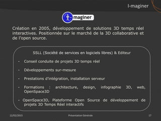 12/02/2015 17Présentation Générale
I-maginer
Création en 2005, développement de solutions 3D temps réel
interactives. Positionnée sur le marché de la 3D collaborative et
de l’open source.
SSLL (Société de services en logiciels libres) & Editeur
- Conseil conduite de projets 3D temps réel
- Développements sur-mesure
- Prestations d’intégration, installation serveur
- Formations : architecture, design, infographie 3D, web,
OpenSpace3D
- OpenSpace3D, Plateforme Open Source de développement de
projets 3D Temps Réel interactifs
 
