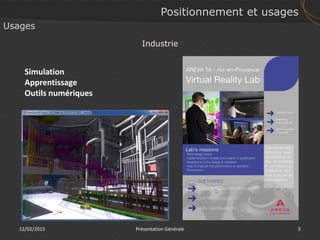 Positionnement et usages
12/02/2015 5Présentation Générale
Usages
Simulation
Apprentissage
Outils numériques
Industrie
 