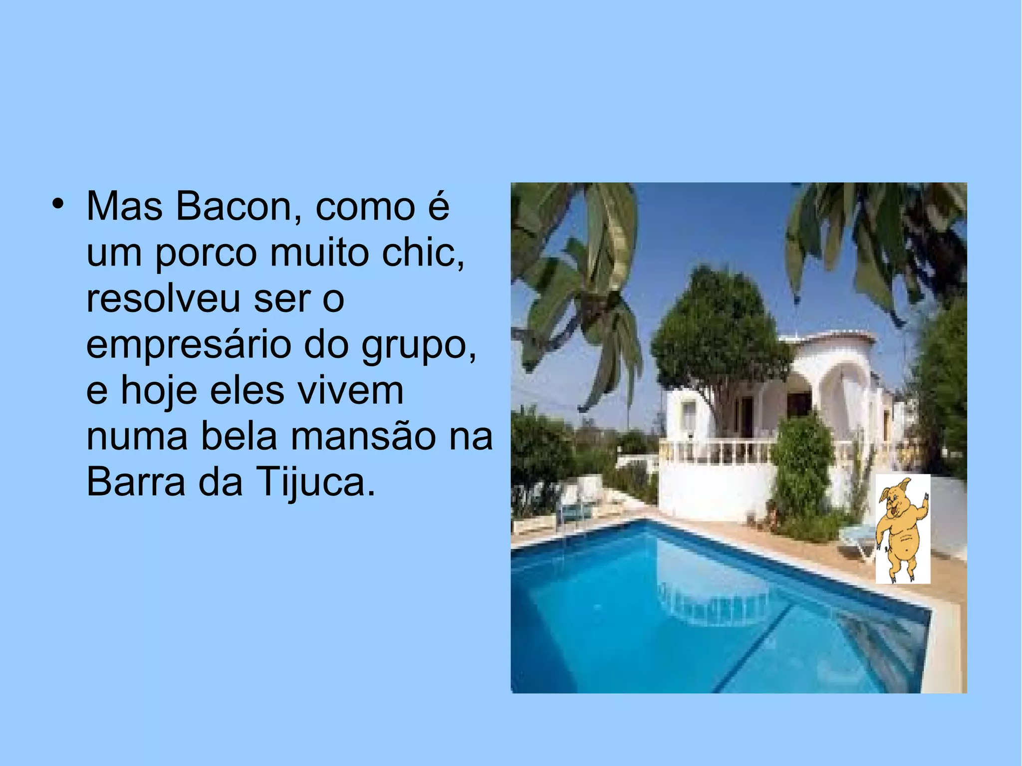 
Mas Bacon, como é
um porco muito chic,
resolveu ser o
empresário do grupo,
e hoje eles vivem
numa bela mansão na
Barra da Tijuca.