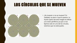 LOS CÍRCULOS QUE SE MUEVEN
• ¿Se mueven o no se mueven? En
realidad, no pero sí que lo parece. La
ilusión óptica de esta imagen te afecta
a la visión periférica ya que si nos
fijamos solo en uno de los círculos,
veremos que no está quieto.
 