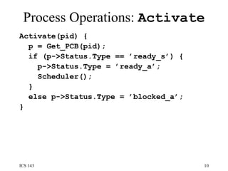 Process Operations:  Activate Activate(pid) {  p = Get_PCB(pid);  if (p->Status.Type == ’ready_s’) { p->Status.Type = ’ready_a’;  Scheduler();  }  else p->Status.Type = ’blocked_a’; }  