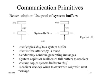Communication Primitives Better solution: Use pool of  system buffers Figure 4-10b send  copies  sbuf  to a system buffer send  is free after copy is made Sender may continue generating messages System copies or reallocates full buffers to receiver receive  copies system buffer to  rbuf Receiver decides when to overwrite  rbuf  with next message System Buffers 