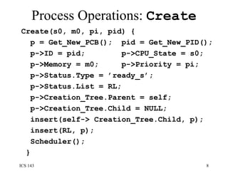 Process Operations:  Create Create(s0, m0, pi, pid) {  p = Get_New_PCB();  pid = Get_New_PID();  p->ID = pid;  p->CPU_State = s0;  p->Memory = m0;  p->Priority = pi;  p->Status.Type = ’ready_s’;  p->Status.List = RL;  p->Creation_Tree.Parent = self;  p->Creation_Tree.Child = NULL;  insert(self-> Creation_Tree.Child, p);  insert(RL, p); Scheduler();  }  