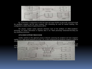 Fig .14 illustrates a configuration in which the input and output DASDs are physically connected to both
the peripheral computer and the main computer, thus eliminating the need for manual handling. This
configuration is called a Direct-Coupled Systems (DCS).
The directly coupled system approach eliminates most of the problems of offline peripheral
processing. No human intervention is required; there is no “batch processing” turnaround time delay, nor
any scheduling restrictions.
ATTACHED SUPPORT PROCESSOR
Another variation on this approach consists of directly connecting the peripheral and main computers
together via a high-speed connection as in Fig 1.15a. In this configuration the peripheral computer is called an
Attached Support Processor (ASP).
The support processor assumes all responsibility for controlling the input/output peripherals as well
as the input and output DASD. It also performs buffering and blocking. The ASP has the appearance of multiple,
very high-speed card readers and printers (Fig 15b).
 