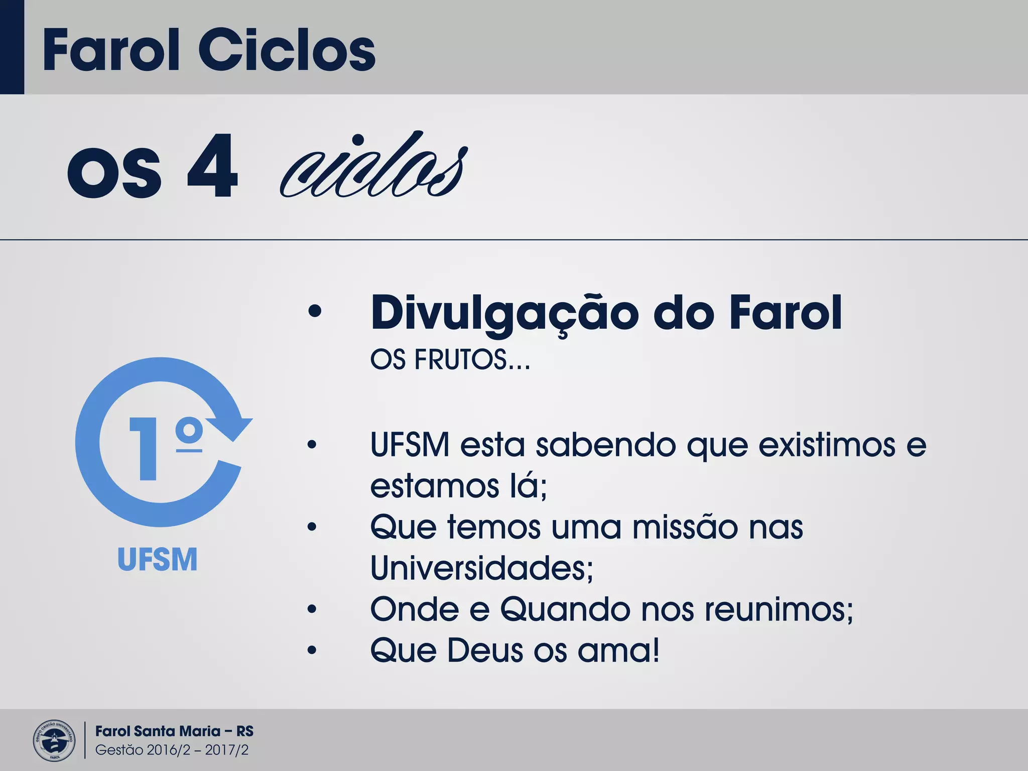 Farol Santa Maria – RS
Gestão 2016/2 – 2017/2
Farol Ciclos
os 4 ciclos
• Divulgação do Farol
OS FRUTOS...
1º
UFSM
• UFSM esta sabendo que existimos e
estamos lá;
• Que temos uma missão nas
Universidades;
• Onde e Quando nos reunimos;
• Que Deus os ama!
 