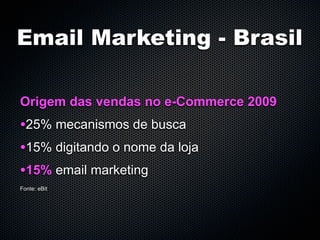 Email Marketing - Brasil

Origem das vendas no e-Commerce 2009
•25% mecanismos de busca
•15% digitando o nome da loja
•15% email marketing
Fonte: eBit
 