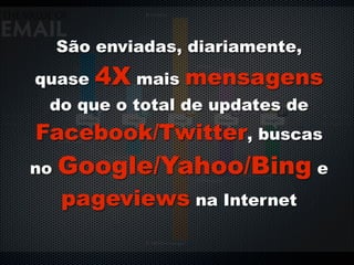 São enviadas, diariamente,
quase    4X mais mensagens
 do que o total de updates de
Facebook/Twitter, buscas
no   Google/Yahoo/Bing e
     pageviews na Internet
 