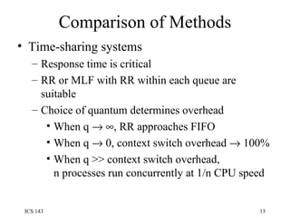Comparison of Methods Time-sharing systems Response time is critical RR or MLF with RR within each queue are suitable Choice of quantum determines overhead When q      , RR approaches FIFO When q    0, context switch overhead    100% When q >> context switch overhead, n processes run concurrently at 1/n CPU speed 