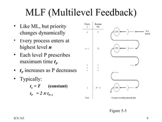 MLF (Multilevel Feedback) Like ML, but priority changes dynamically E very process enters at highest level  n Each level P prescribes maximum time  t P t P  increases as P decreases Typically:  t n  = T  (constant) t P   = 2    t P+1   Figure 5-3 