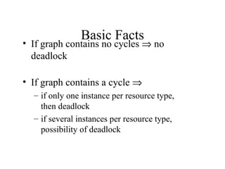 Basic Facts
• If graph contains no cycles ⇒ no
  deadlock

• If graph contains a cycle ⇒
  – if only one instance per resource type,
    then deadlock
  – if several instances per resource type,
    possibility of deadlock
 