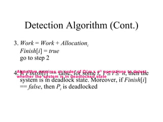Detection Algorithm (Cont.)
3. Work = Work + Allocationi
   Finish[i] = true
   go to step 2

4. If Finish[i] == an order of some state ≤ i ≤ n, to detect
 Algorithm requires false, for O(m x n 1
                                     i, operations then the
                                      2)

 whether the system is in deadlocked
   system is in deadlock state. Moreover, if Finish[i]
   == false, then Pi is deadlocked
 