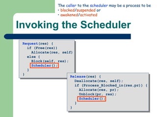 Invoking the Scheduler The  caller  to the  scheduler  may be a process to be blocked / suspended  or awakened / activated 