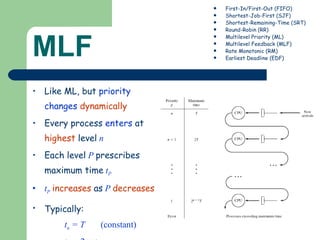 MLF Like ML, but  priority   changes   dynamically Every process  enters  at  highest  level   n Each level   P   prescribes maximum time   t P t P   increases  as   P   decreases Typically:   t n  = T  (constant) t P  =  2    t P+1 First-In/First-Out (FIFO) Shortest-Job-First (SJF) Shortest-Remaining-Time (SRT) Round-Robin (RR) Multilevel Priority (ML) Multilevel Feedback (MLF) Rate Monotonic (RM) Earliest Deadline (EDF) 