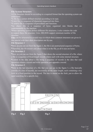 Operating System Handout
File System Structure
A File Structure should be according to a required format that the operating system can
understand.
A file has a certain defined structure according to its type.
A text file is a sequence of characters organized into lines.
A source file is a sequence of procedures and functions.
An object file is a sequence of bytes organized into blocks that are
understandable by the machine.
When operating system defines different file structures, it also contains the code
to support these file structure. Unix, MS-DOS support minimum number of file
structure.
Files can be structured in several ways in which three common structures are given in
this tutorial with their short description one by one.
File Structure 1
Here, as you can see from the figure 1, the file is an unstructured sequence of bytes.
Therefore, the OS doesn't care about what is in the file, as all it sees are bytes.
File Structure 2
Now, as you can see from the figure 2 that shows the second structure of a file, where
a file is a sequence of fixed-length records where each with some internal structure.
Central to the idea about a file being a sequence of records is the idea that read
operation returns a record and write operation just appends a record.
File Structure 3
Now in the last structure of a file that you can see in the figure 3, a file basically
consists of a tree of records, not necessarily all the same length, each containing a key
field in a fixed position in the record. The tree is stored on the field, just to allow the
rapid searching for a specific key.
Fig.1 Fig.2 Fig.3
Mr. V.N.Kukre
Page 3 of
17
 