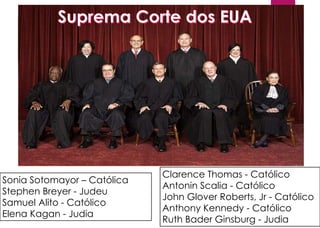 Sonia Sotomayor – Católica
Stephen Breyer - Judeu
Samuel Alito - Católico
Elena Kagan - Judia
Clarence Thomas - Católico
Antonin Scalia - Católico
John Glover Roberts, Jr - Católico
Anthony Kennedy - Católico
Ruth Bader Ginsburg - Judia
 