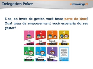 Delegation Poker
E se, ao invés de gestor, você fosse parte do time?
Qual grau de empowerment você esperaria do seu
gestor?
 