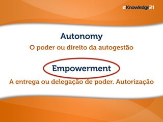 Autonomy
Empowerment
O poder ou direito da autogestão
A entrega ou delegação de poder. Autorização
 
