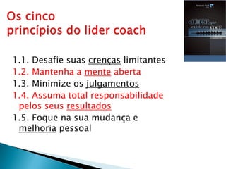 1.1. Desafie suas crenças limitantes
1.2. Mantenha a mente aberta
1.3. Minimize os julgamentos
1.4. Assuma total responsabilidade
pelos seus resultados
1.5. Foque na sua mudança e
melhoria pessoal
 
