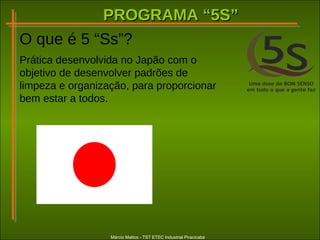 PROGRAMA “5S”PROGRAMA “5S”
Márcio Mattos - TST ETEC Industrial Piracicaba
O que é 5 “Ss”?
Prática desenvolvida no Japão com o
objetivo de desenvolver padrões de
limpeza e organização, para proporcionar
bem estar a todos.
 