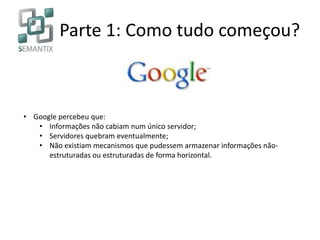 Parte 1: Como tudo começou?
• Google percebeu que:
• Informações não cabiam num único servidor;
• Servidores quebram eventualmente;
• Não existiam mecanismos que pudessem armazenar informações não-
estruturadas ou estruturadas de forma horizontal.
 