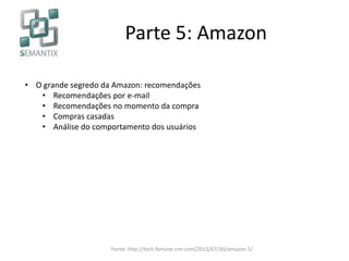Parte 5: Amazon
• O grande segredo da Amazon: recomendações
• Recomendações por e-mail
• Recomendações no momento da compra
• Compras casadas
• Análise do comportamento dos usuários
Fonte: http://tech.fortune.cnn.com/2012/07/30/amazon-5/
 