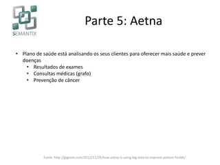 Parte 5: Aetna
• Plano de saúde está analisando os seus clientes para oferecer mais saúde e prever
doenças
• Resultados de exames
• Consultas médicas (grafo)
• Prevenção de câncer
Fonte: http://gigaom.com/2012/11/20/how-aetna-is-using-big-data-to-improve-patient-health/
 