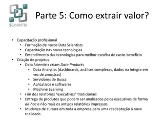 Parte 5: Como extrair valor?
• Capacitação profissional
• Formação de novos Data Scientists
• Capacitação nas novas tecnologias
• Entendimento das tecnologias para melhor escolha de custo-benefício
• Criação de projetos
• Data Scientists criam Data Products
• Data Analytics (dashboards, análises complexas, dados na íntegra em
vez de amostras)
• Servidores de Busca
• Aplicativos e softwares
• Machine Learning
• Fim dos relatórios “executivos” tradicionais
• Entrega de produtos que podem ser analisados pelos executivos de forma
ad-hoc e não mais os antigos relatórios impressos
• Mudança de cultura em toda a empresa para uma readaptação à nova
realidade.
 