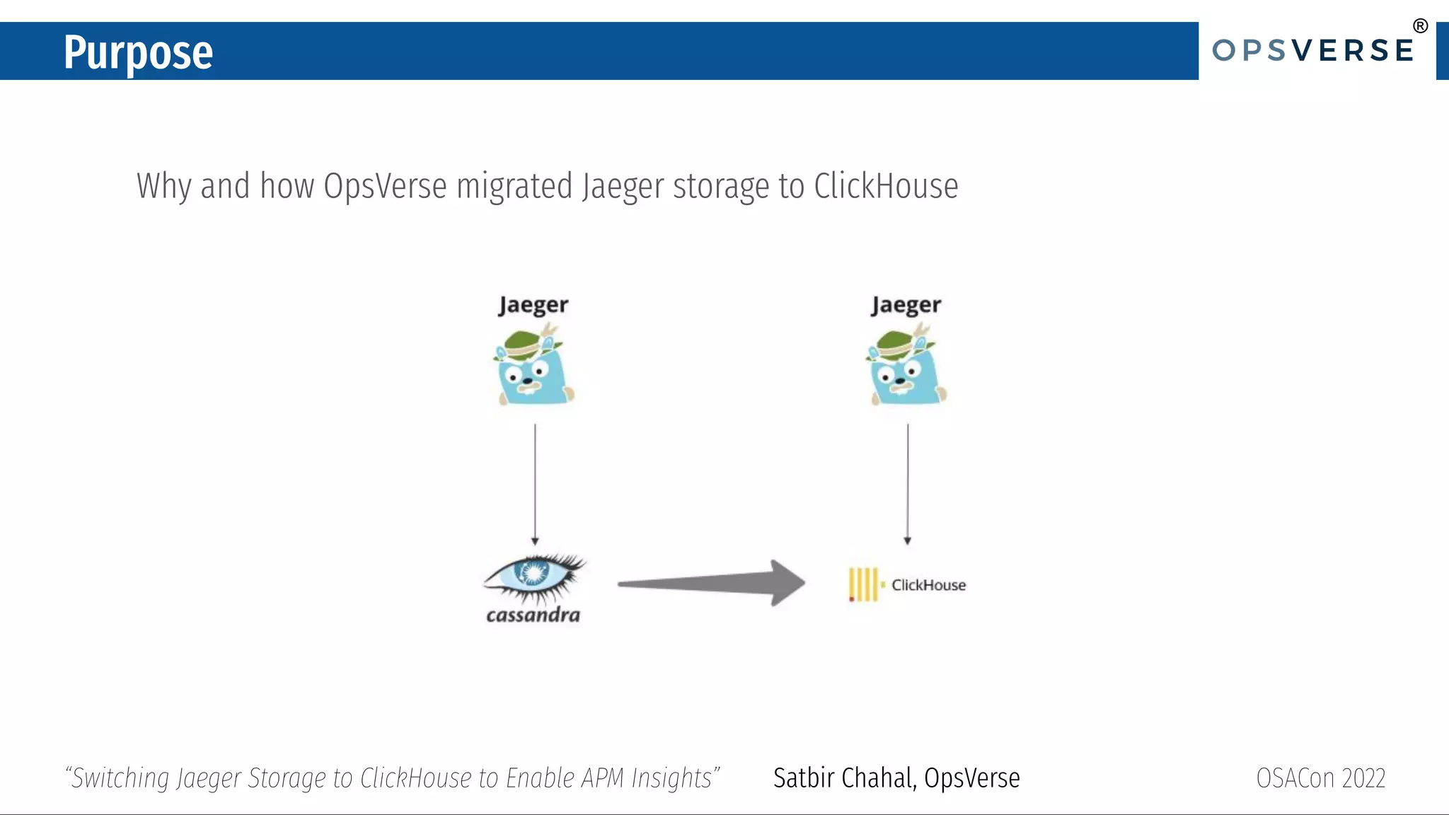 ®
®
Purpose
Why and how OpsVerse migrated Jaeger storage to ClickHouse
OSACon 2022
“Switching Jaeger Storage to ClickHouse to Enable APM Insights” Satbir Chahal, OpsVerse
 