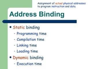 Address Binding Static  binding Programming  time Compilation  time Linking  time Loading  time Dynamic  binding Execution  time Assignment of  actual   physical addresses  to program  instruction  and  data . 