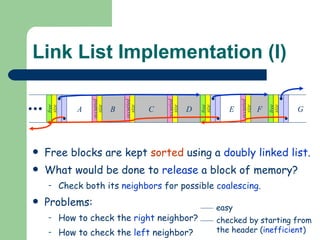 Link List Implementation (I) Free blocks are kept  sorted  using a  doubly linked list . What would be done to  release  a block of memory? Check both its  neighbors  for possible  coalescing . Problems:  How to check the  right  neighbor?  How to check the  left  neighbor? G A B C D E F free free free occupied occupied occupied occupied size size size size size size size easy checked by starting from the header ( inefficient ) 