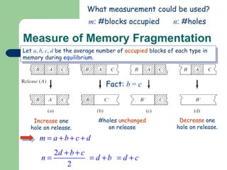 Measure of Memory Fragmentation What measurement could be used? m :  #blocks occupied n :  #holes Increase  one hole on release. #holes  unchanged  on release Decrease  one hole on release. Let  a ,  b ,  c ,  d  be the average number of  occupied  blocks of each type in memory during  equilibrium . Fact:  b  =  c 